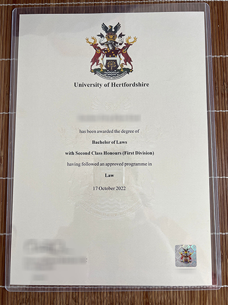 University of Hertfordshire fake law degree certificate sample
