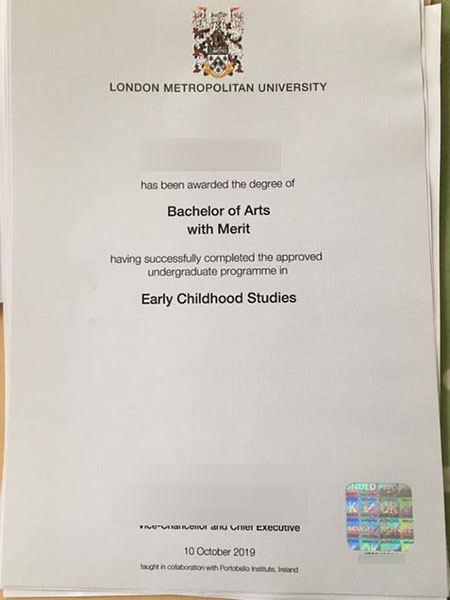 London Metropolitan University Doctor of Letters fake degree sample