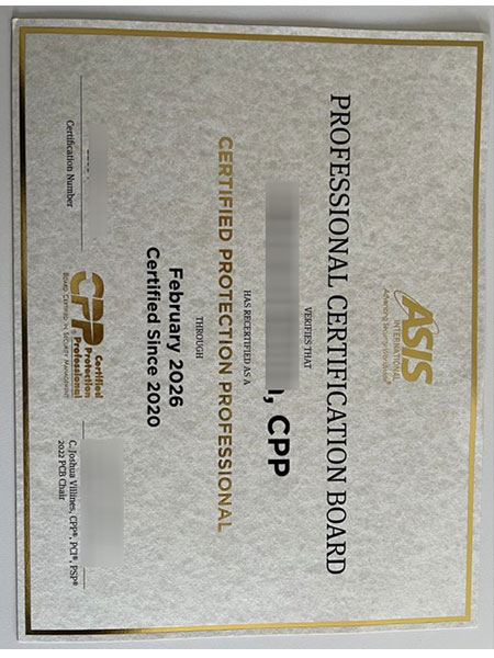 ASIS CPP fake certificate sample