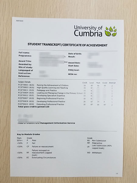 University of Cumbria Fake Transcript Sample