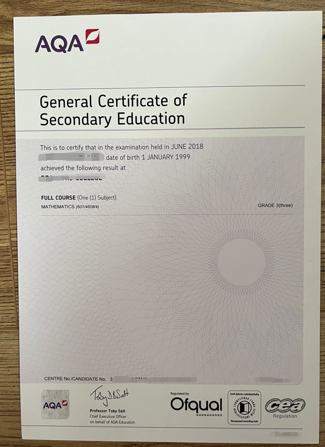 AQA GCSE Certificate Sample