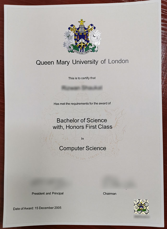 Latest sample display of the certificate diploma from Mary University in London 2005 qmul bachelor of science (computer science)