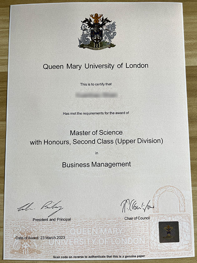 Latest sample display of the certificate diploma from Mary University in London degree sample from queen mary university of london in 2023