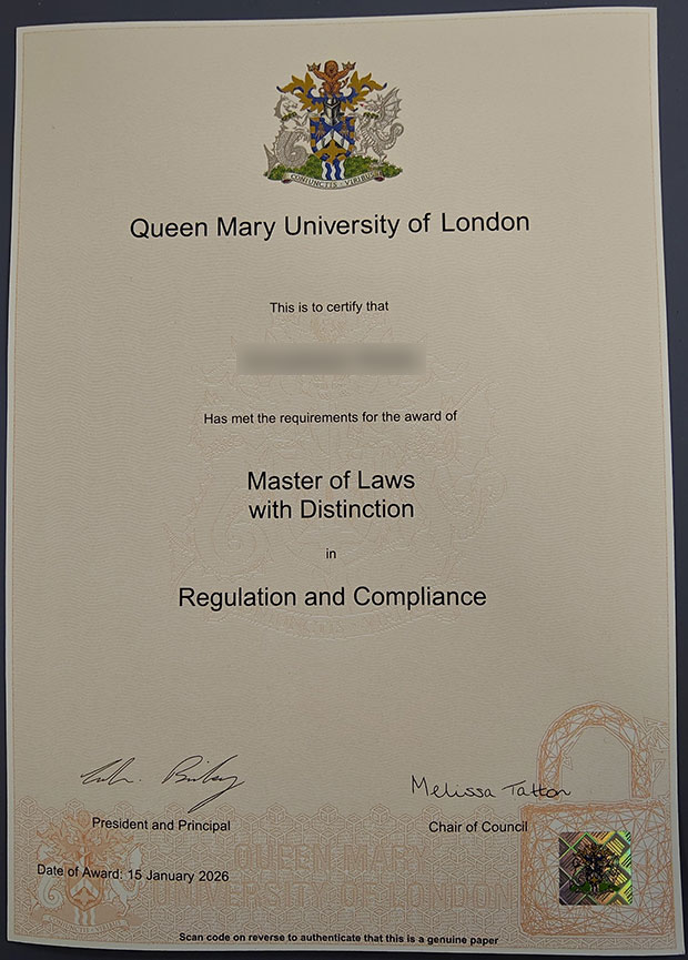 Latest sample display of the certificate diploma from Mary University in London degree sample from queen mary university of london in 2026