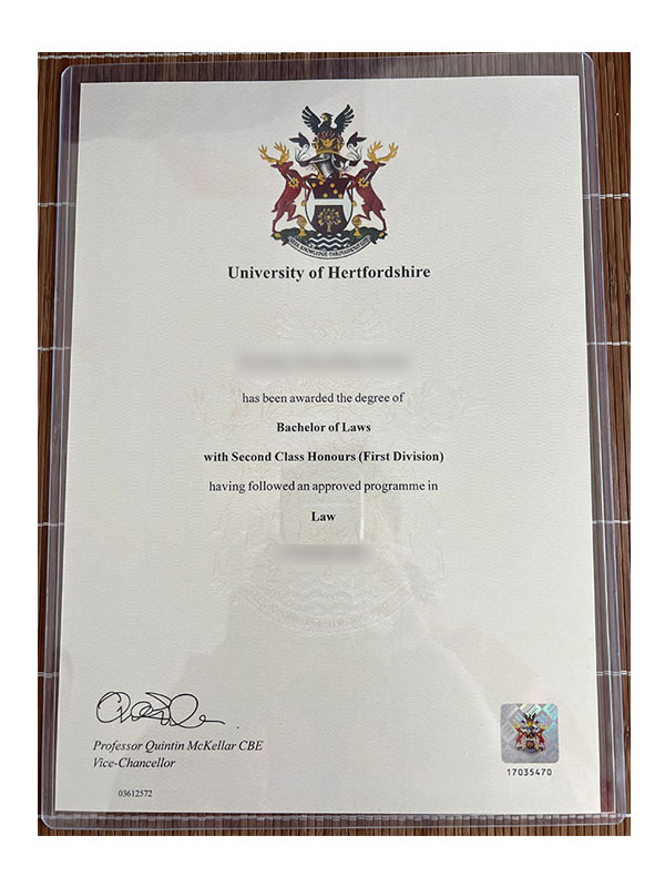 University of Hertfordshire Diploma certificate