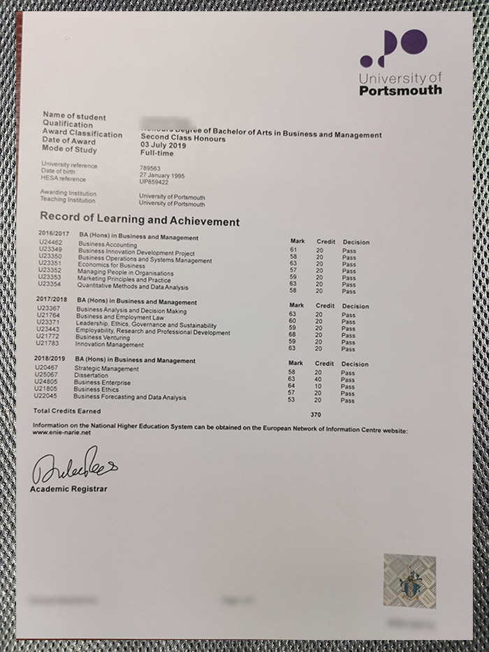 do you need a certificate from the university of portsmouth?