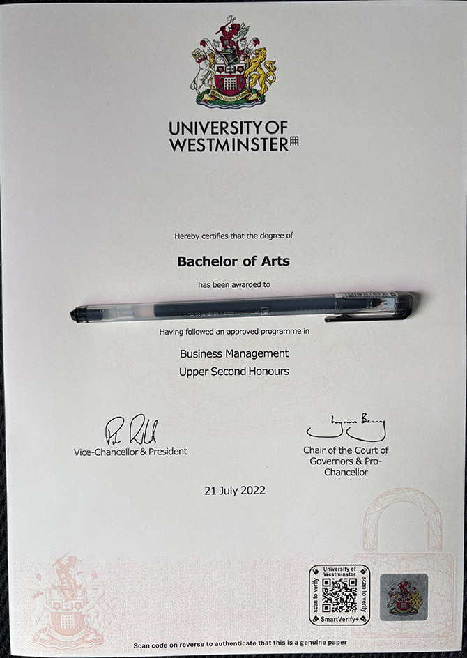 What is the Westminster University certificate like? University Of Westminster Certificate